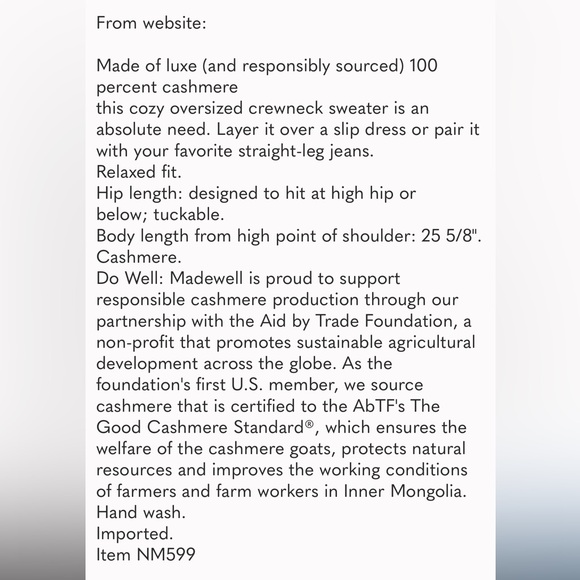 Madewell (Re)sponsible Cashmere Oversized Crewneck Sweater. Sz XS - Picture 2 of 2